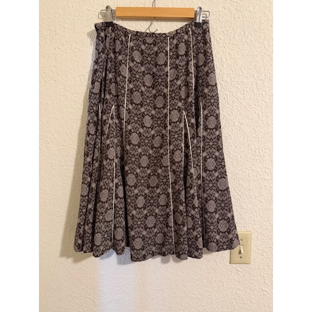 Ann Taylor Loft Brown Paisley Damask Midi Skirt Pleated Flared Side Zip Womens 4